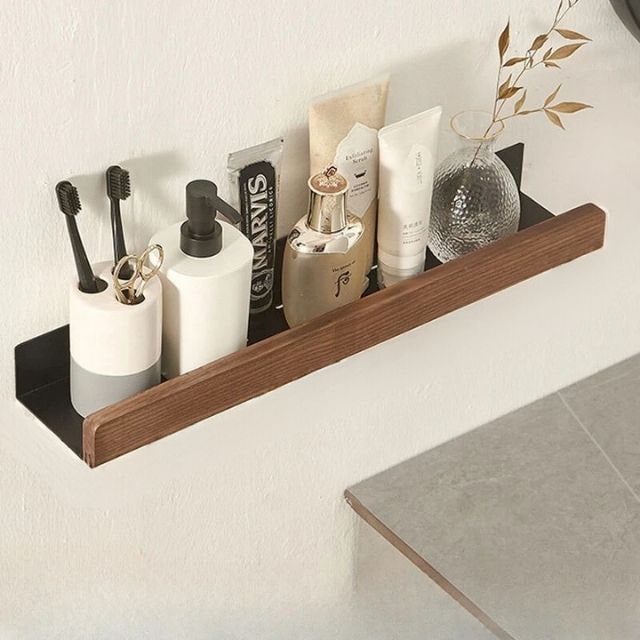 Wood Bathroom Wall Shelf With Self-Adhesive Mounting No Drilling Required - Image 6