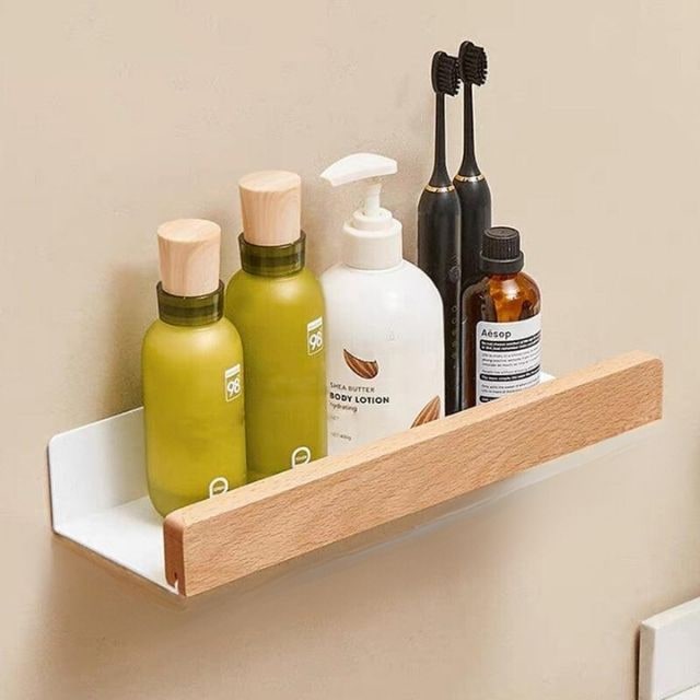 Wood Bathroom Wall Shelf With Self-Adhesive Mounting No Drilling Required - Image 8