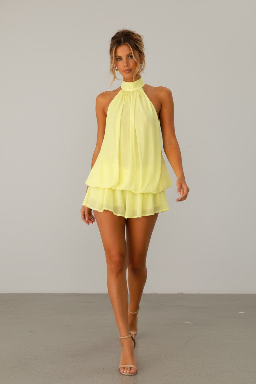 NOVA | Women's Yellow Chiffon Mini Dress | Ruffle Summer Dress