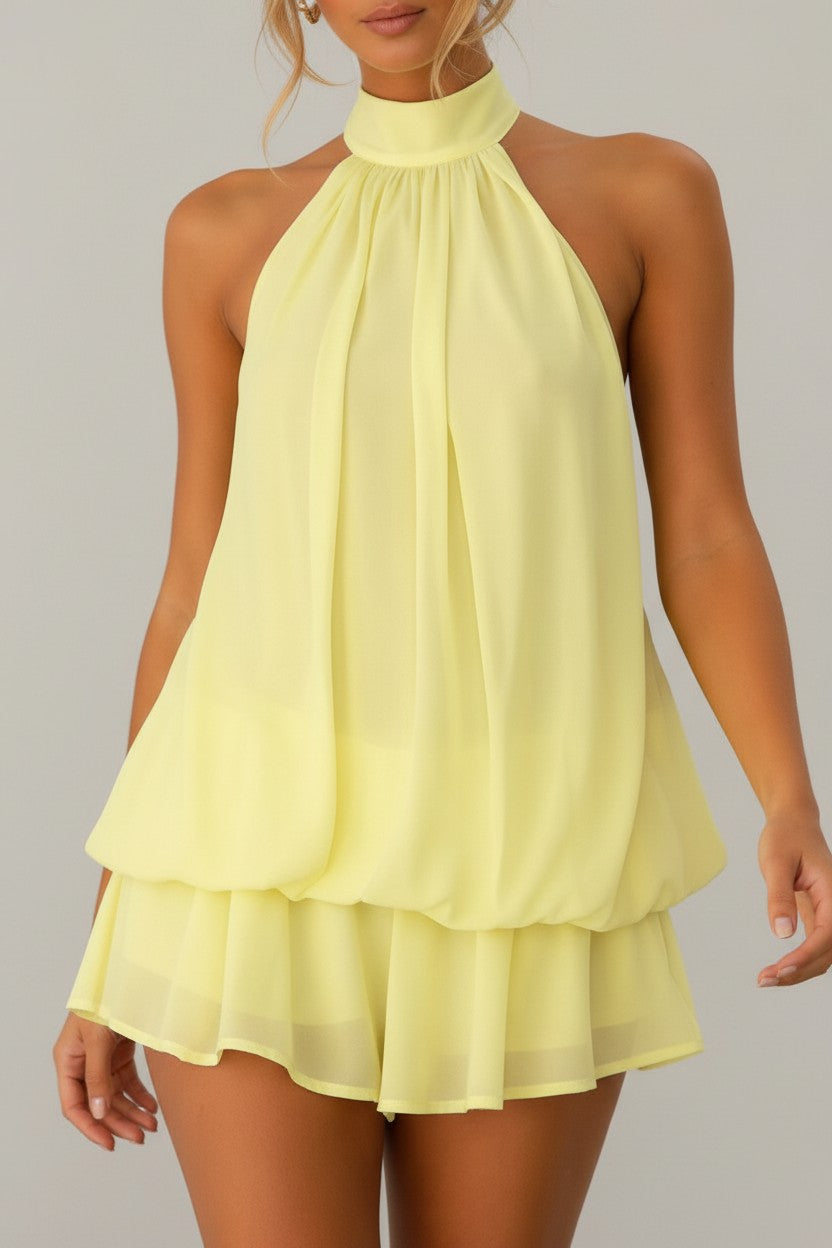 NOVA | Women's Yellow Chiffon Mini Dress | Ruffle Summer Dress