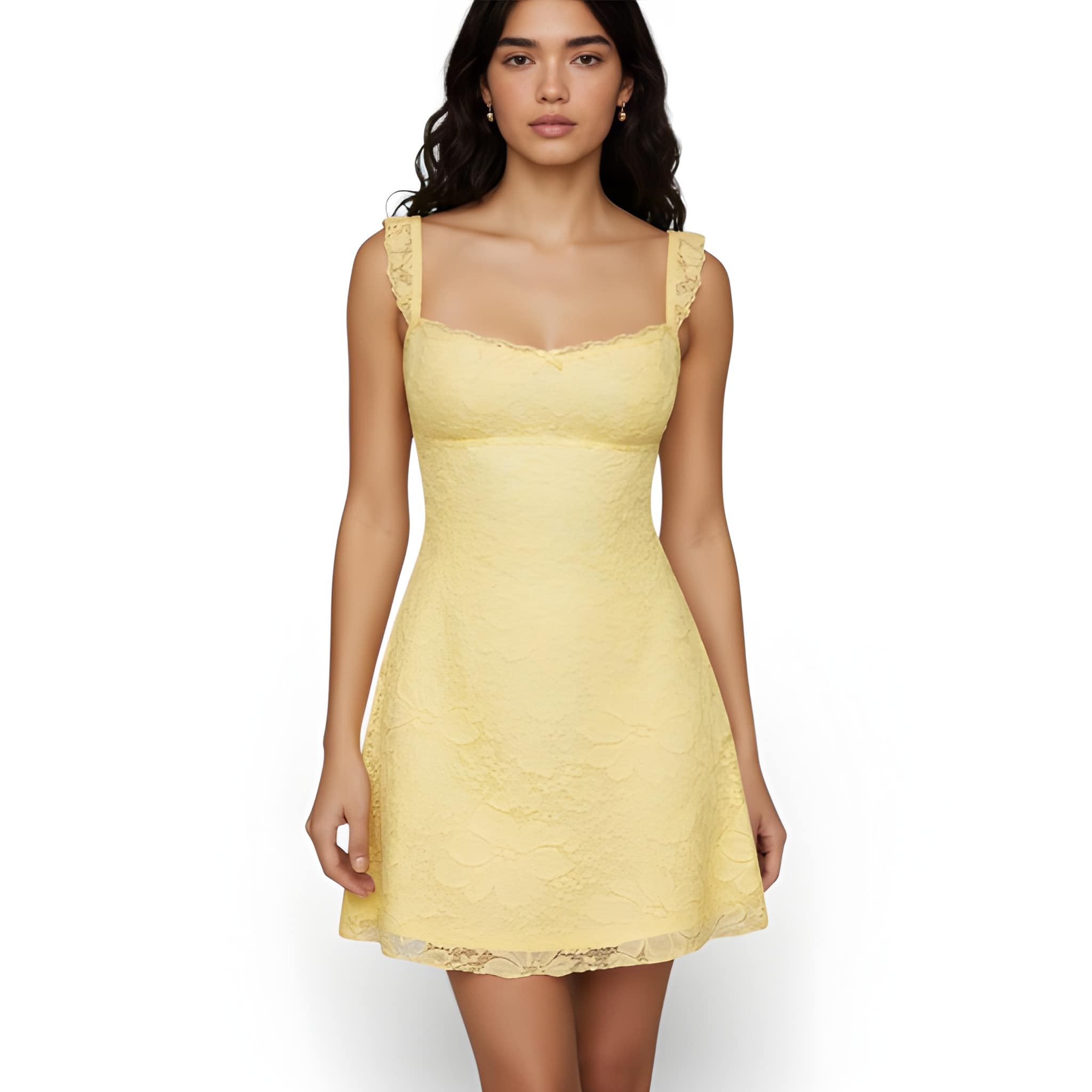 NOVA | Women’s Yellow & Baby Blue Lace Mini Dress – Sweetheart Neck Spring Party Dress