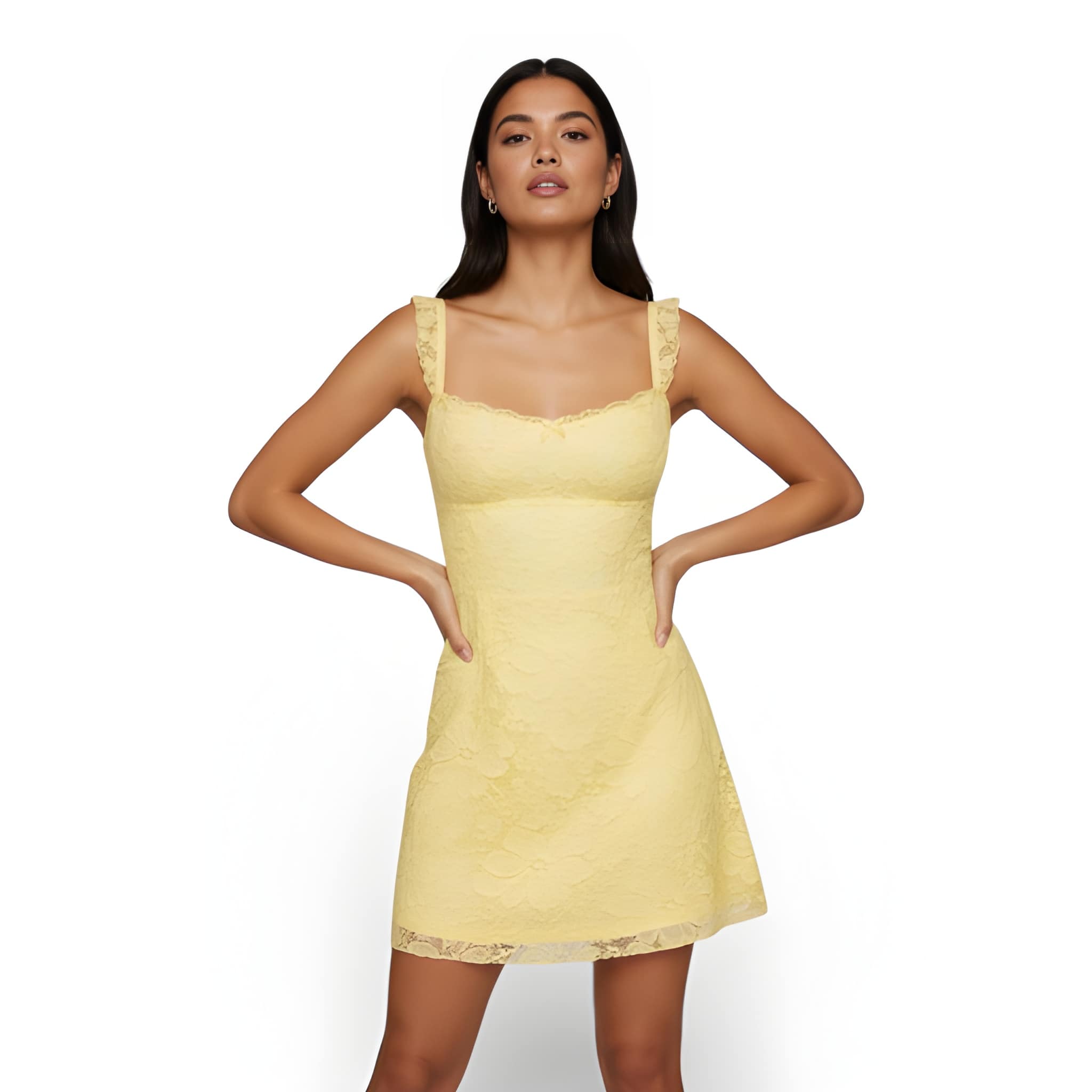 NOVA | Women’s Yellow & Baby Blue Lace Mini Dress – Sweetheart Neck Spring Party Dress