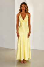 NOVA | Women's Satin Maxi Dress | Yellow & Pink | Elegant Wedding Guest & Occasion Dress